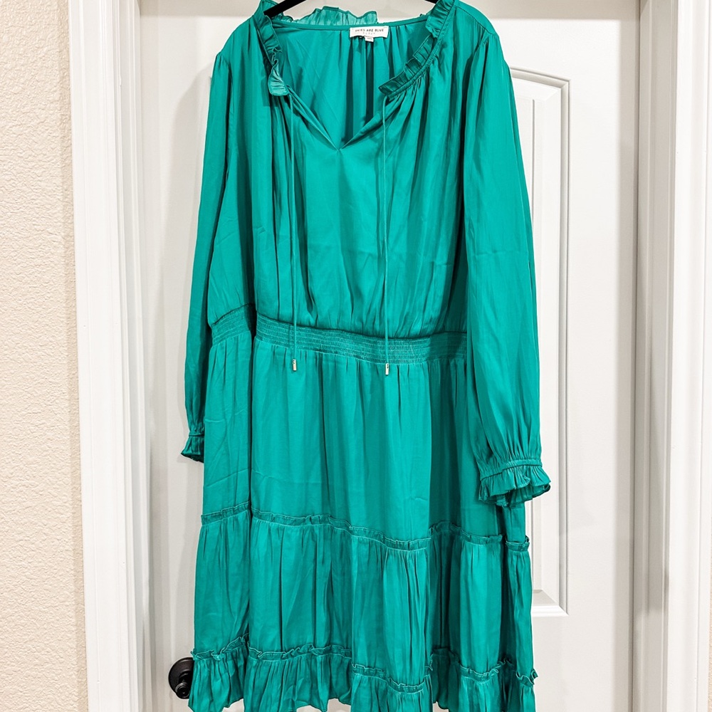 Skies Are Blue Curvy Women’s Tiered Drawstring Satin Dress, Green, Size 3X